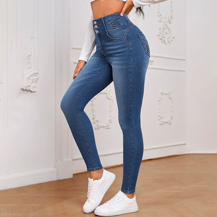 Solid High Waist Button Fly Skinny Jeans