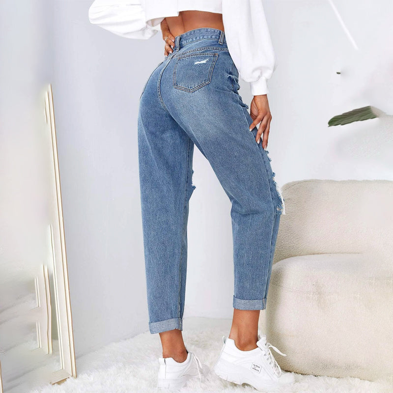 High Waist Ripped Mom Fitted Jeans