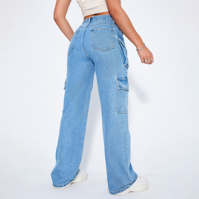 High Waist Button Front Side Cargo Jeans