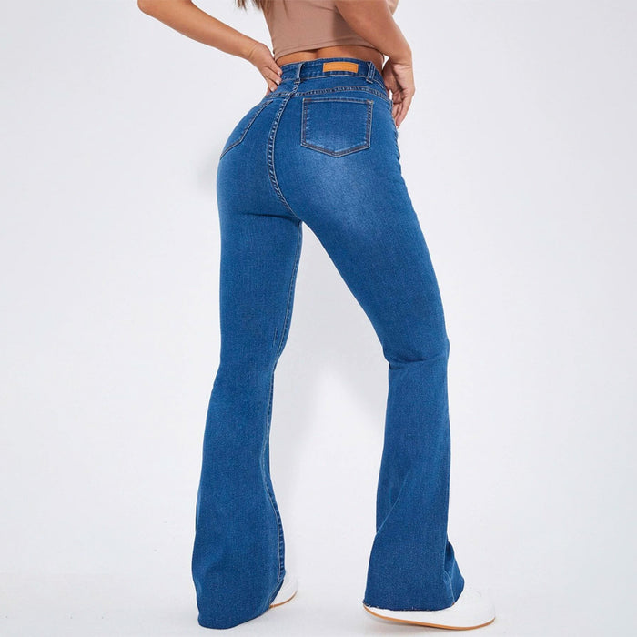 High Waist Patch Detail Raw Cut Flare Leg Jeans