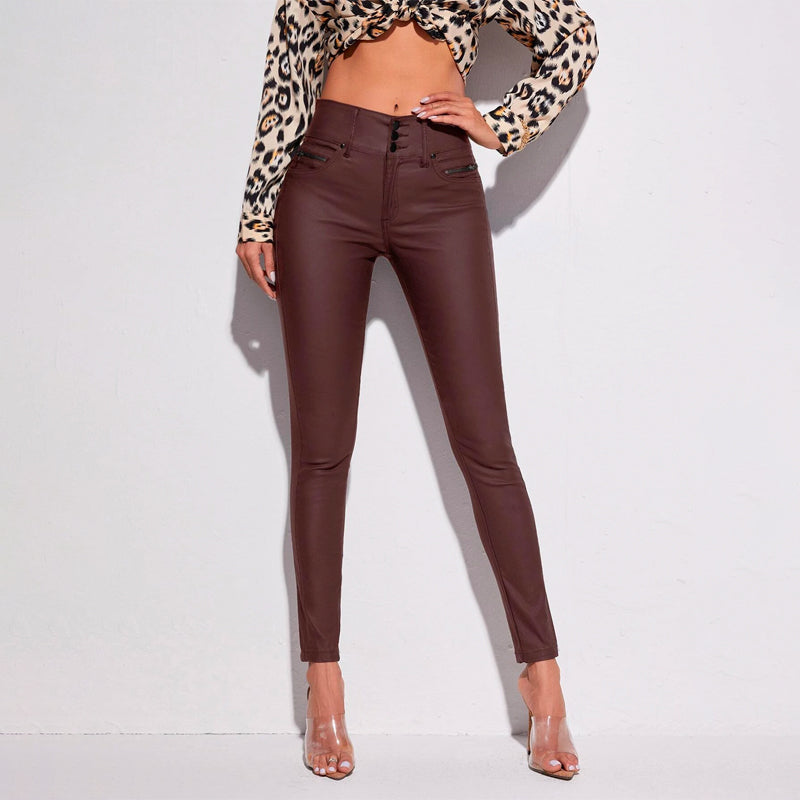 High Waist Coated Leather Look Skinny Jeans