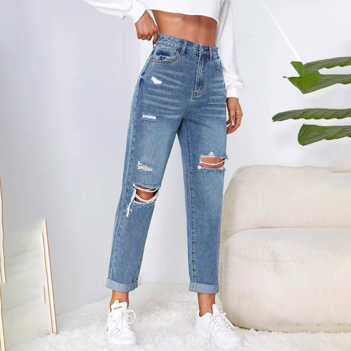 High Waist Ripped Mom Fitted Jeans