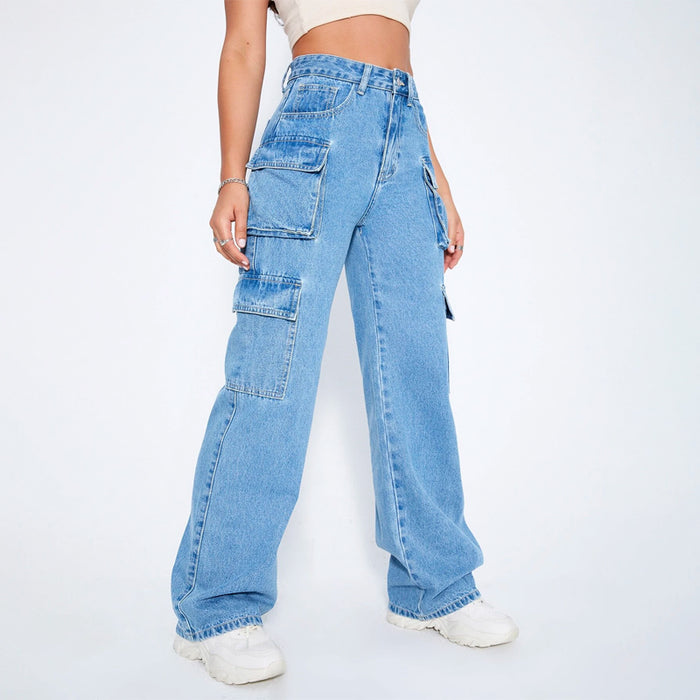 High Waist Button Front Side Cargo Jeans