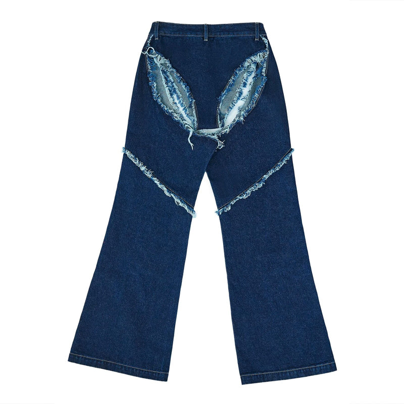 Cut Out Ripped Frayed Trim Straight Leg Jeans