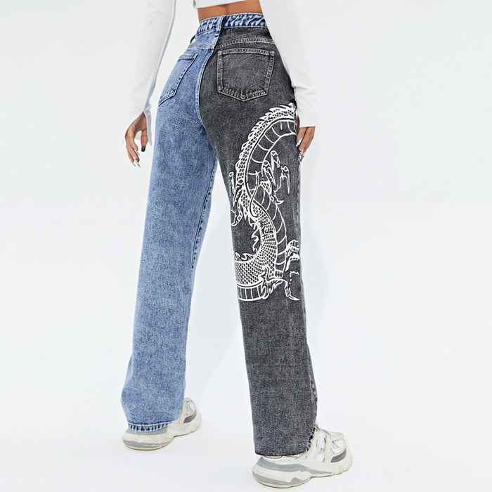 High Waist Block Dragon Print Jeans