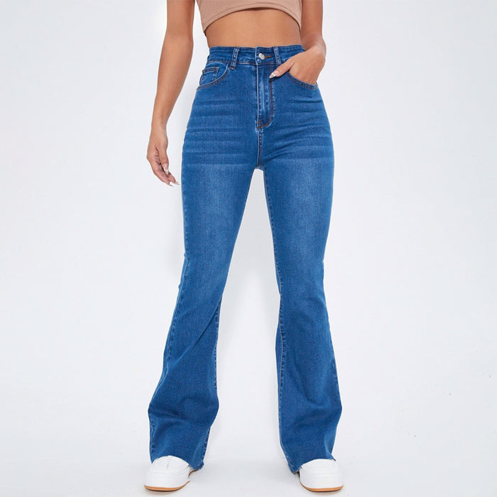 High Waist Patch Detail Raw Cut Flare Leg Jeans