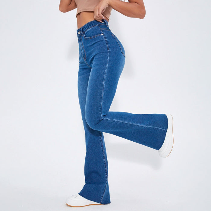 High Waist Patch Detail Raw Cut Flare Leg Jeans