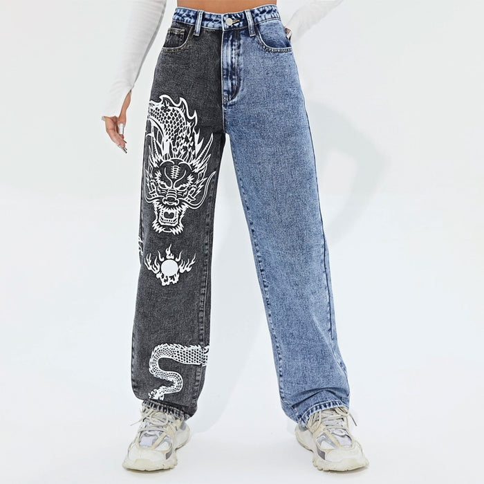 High Waist Block Dragon Print Jeans