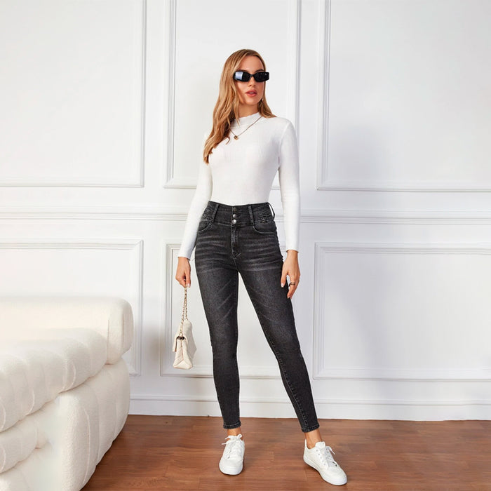 Solid High Waist Button Fly Skinny Jeans