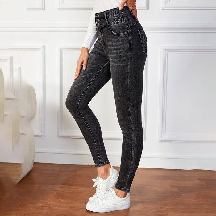 Solid High Waist Button Fly Skinny Jeans