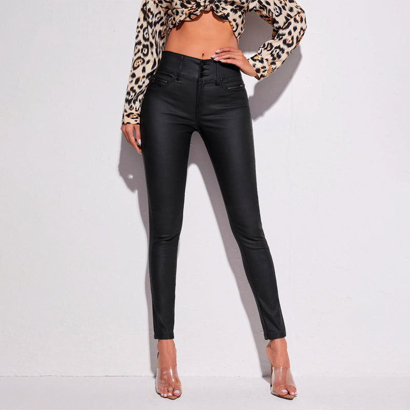 High Waist Coated Leather Look Skinny Jeans