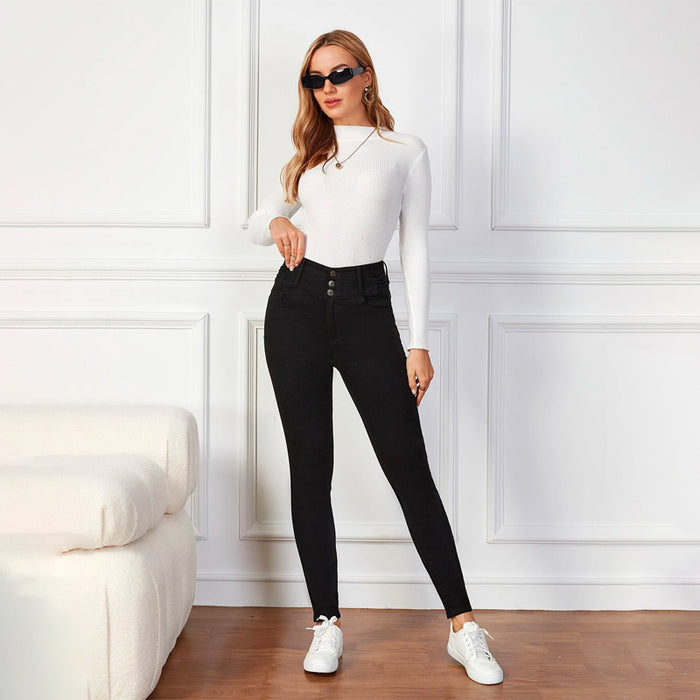 Solid High Waist Button Fly Skinny Jeans