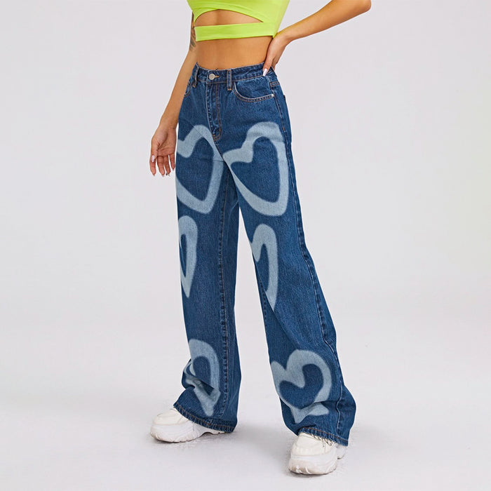 High Waist Heart Print Wide Leg Jeans