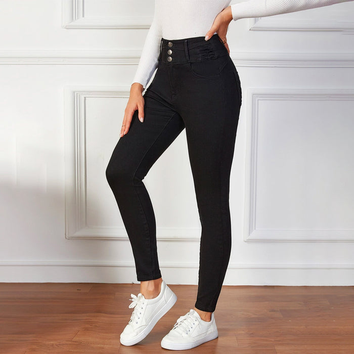 Solid High Waist Button Fly Skinny Jeans