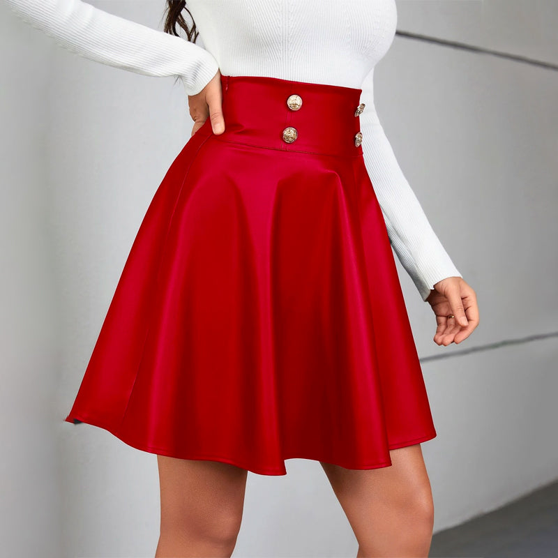 Button Detail PU Leather Flare Skirt