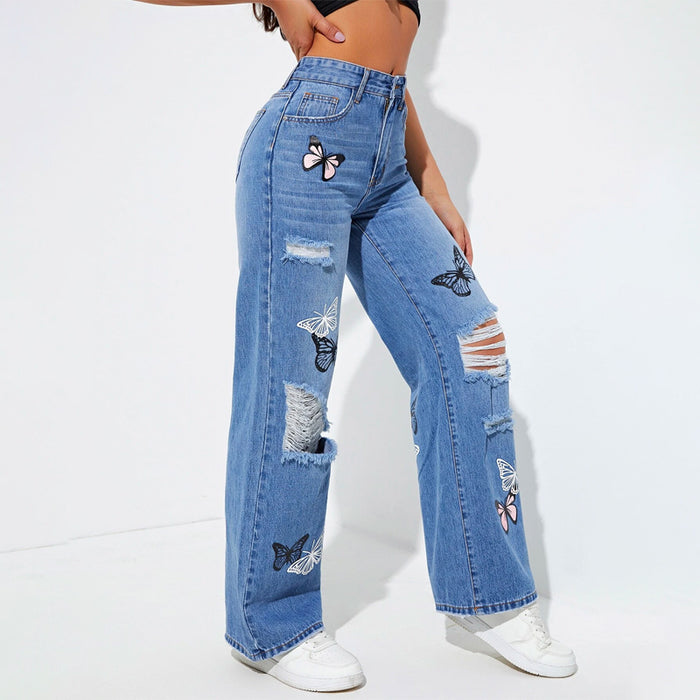 Butterfly Print Ripped Straight Leg Jeans