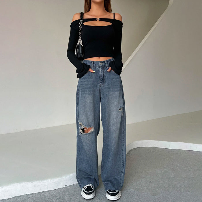 Ripped Raw Trim Wide Leg Jeans