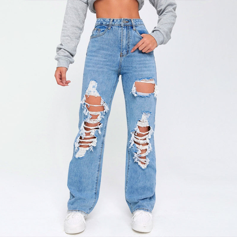 Light Washed Cut Out Ripped Straight Leg Jeans