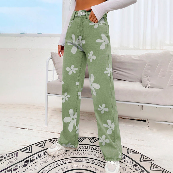 Floral Print Straight Leg Jeans