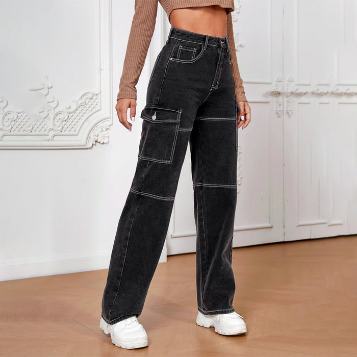 High Waist Flap Pocket Whip Stitch Jeans