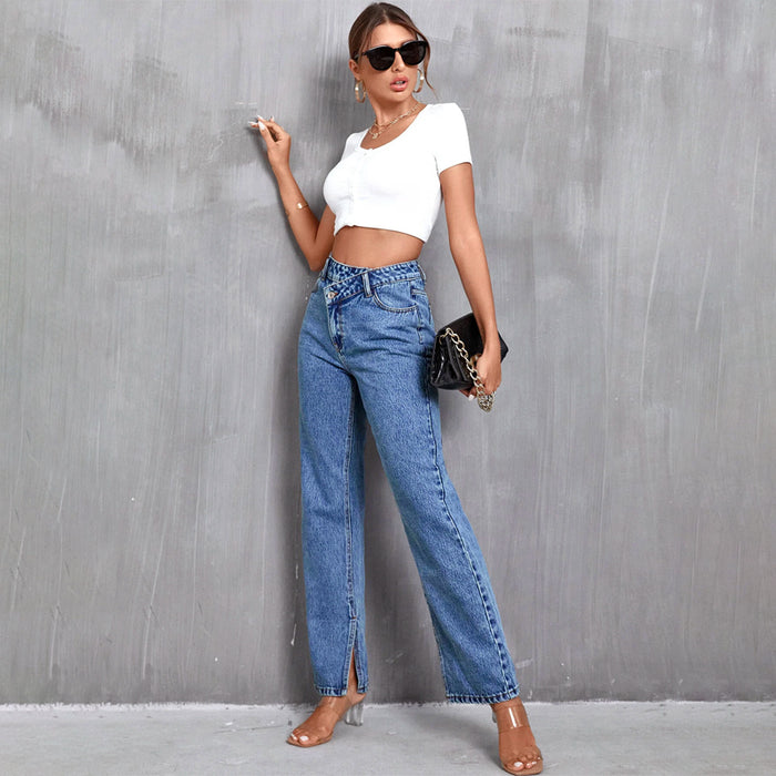 Asymmetrical Waist Straight Leg Denim Jeans