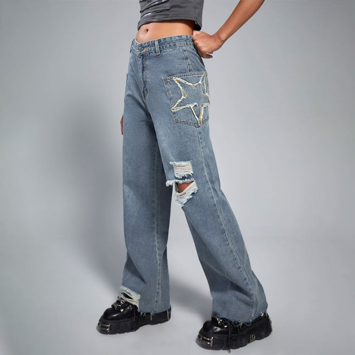 Grunge Punk Ripped Raw Hem Flare Leg Jeans