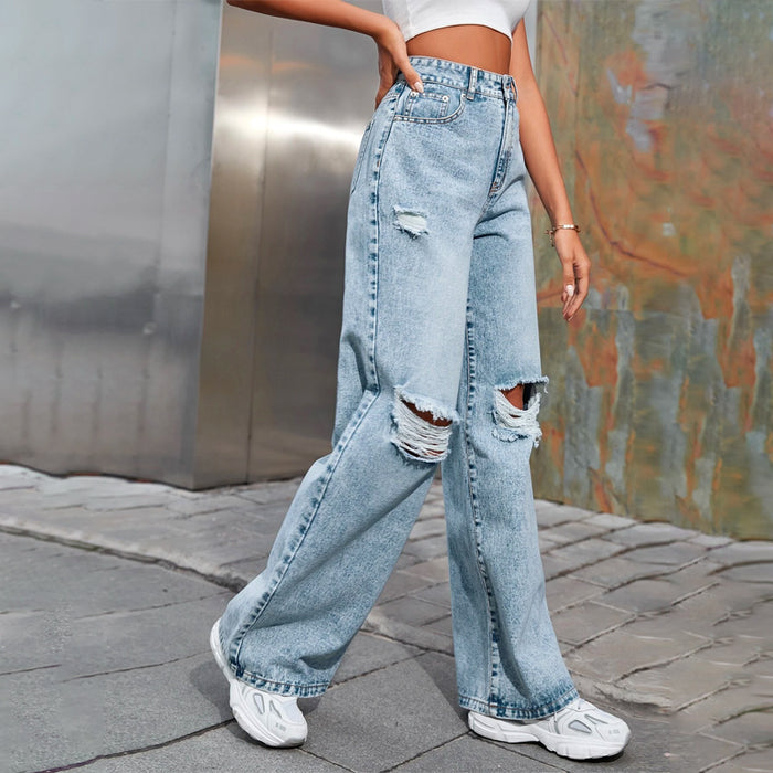 High Waist Non-Stretch Ripped Wide Leg Jeans