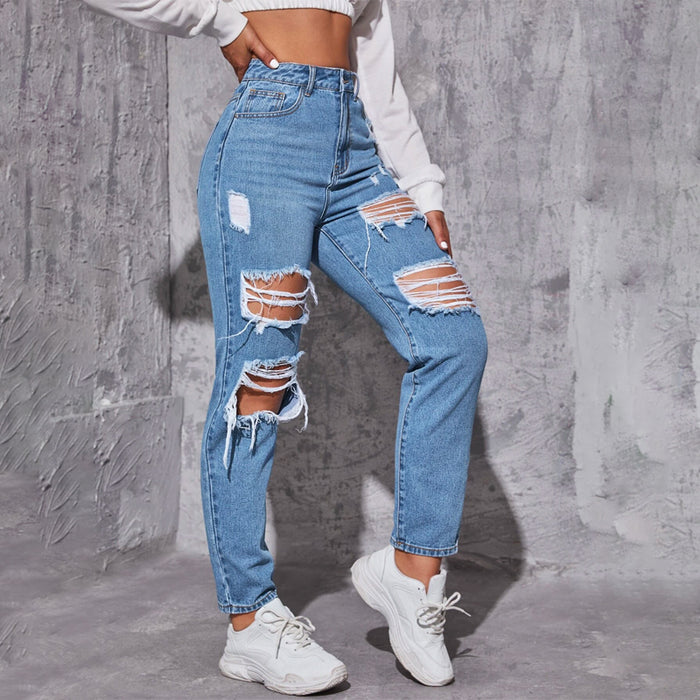 High Waist Ripped Frayed Tapered Jeans