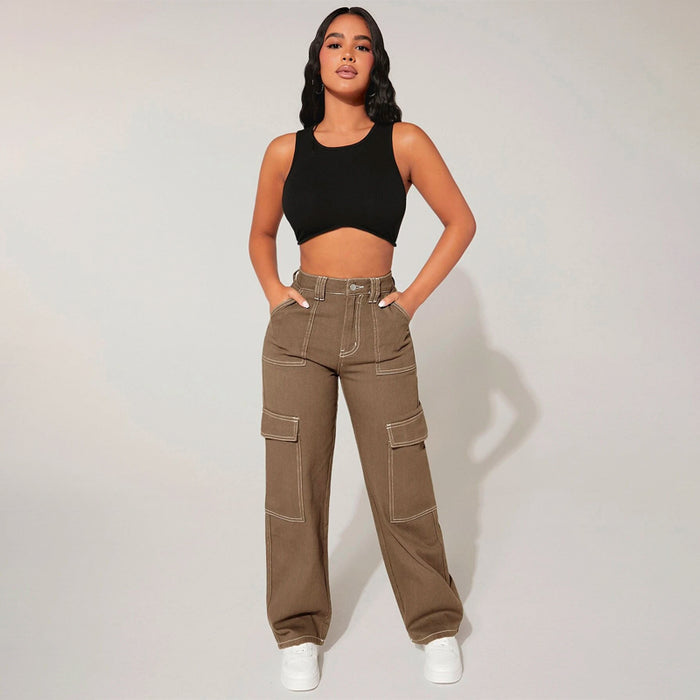 Plain High Waist Flap Pocket Cargo Jeans