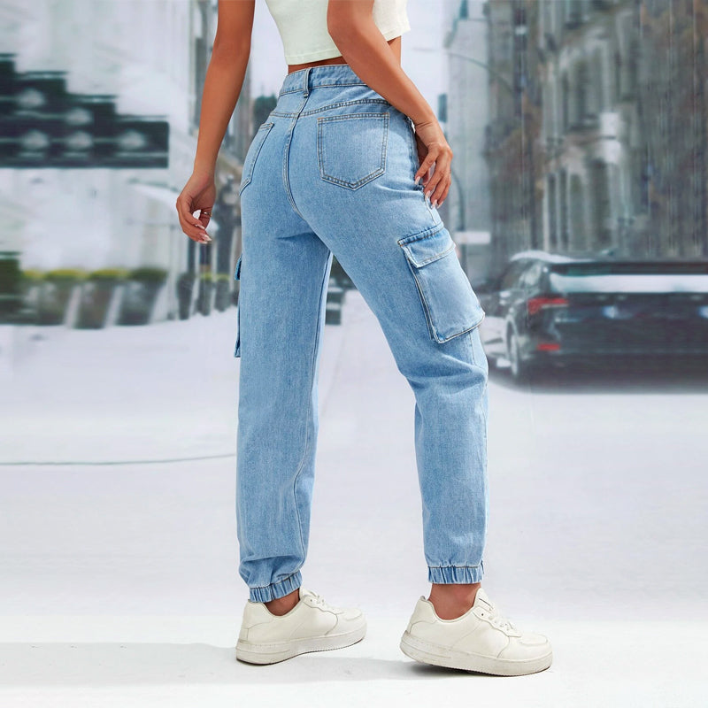 High Waist Flap Pocket Side Cargo Jeans