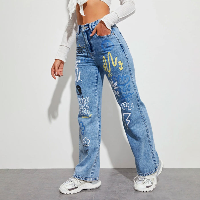 Slogan and Yin & Yang Print Jeans