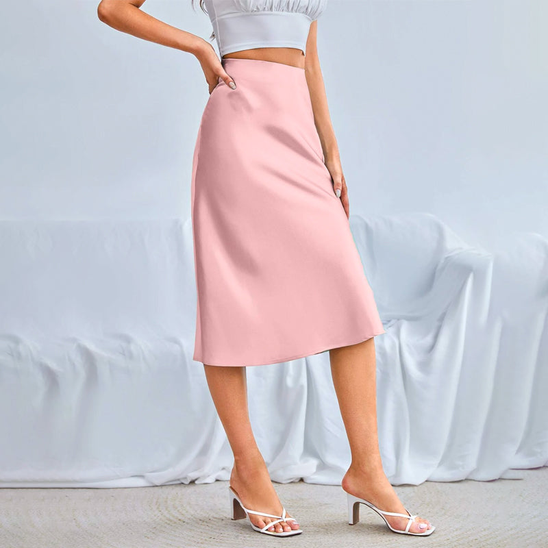 Zipper Side Solid Satin Skirt