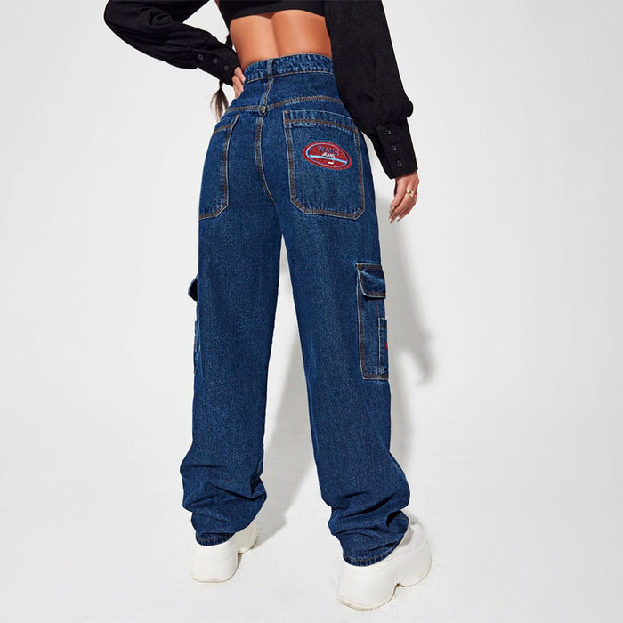 Patched Detail Flap Pocket Wide Leg Jeans