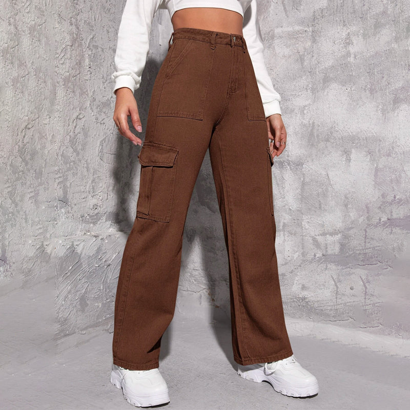 High Waisted Flap Pocket Cargo Jeans