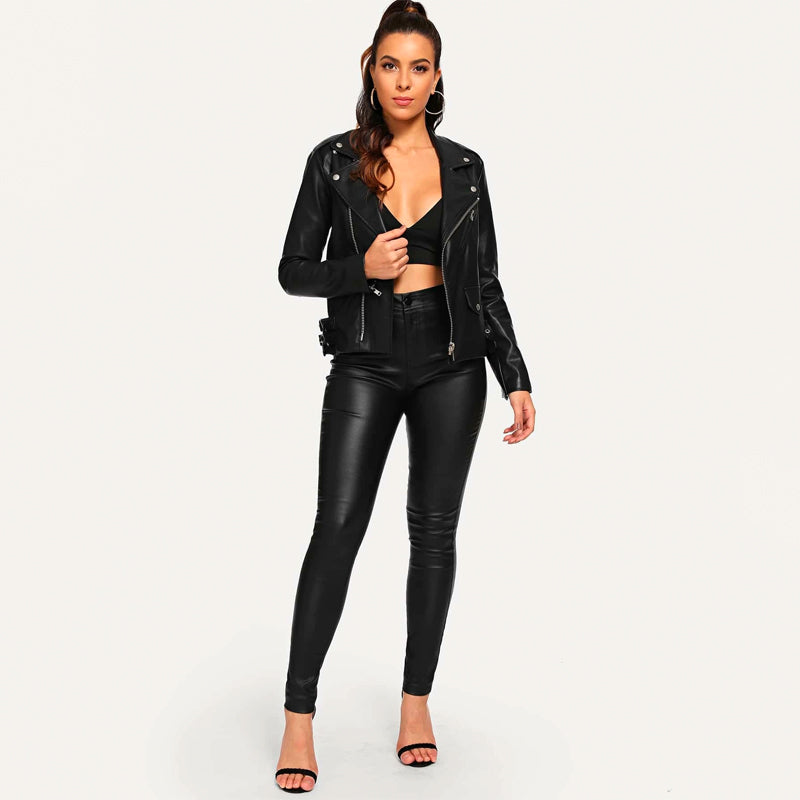 High Waist Stretch Leather Look Skinny Jeans