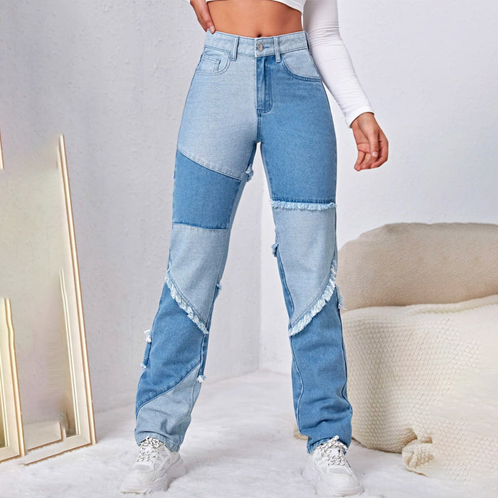 High Waist Colorblock Straight Leg Jeans