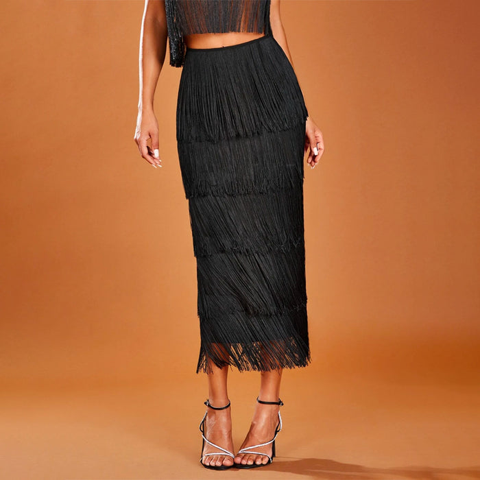 High Waist Fringe Trim Skirt