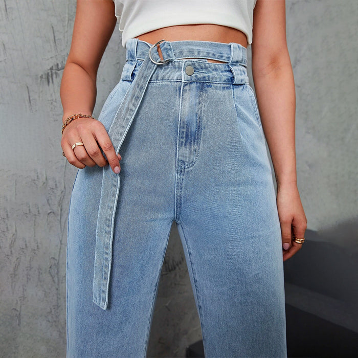 High Waist Belted Straight Leg Jeans