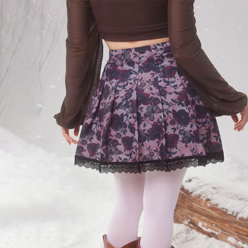 Floral Print Contrast Lace Pleated Skirt