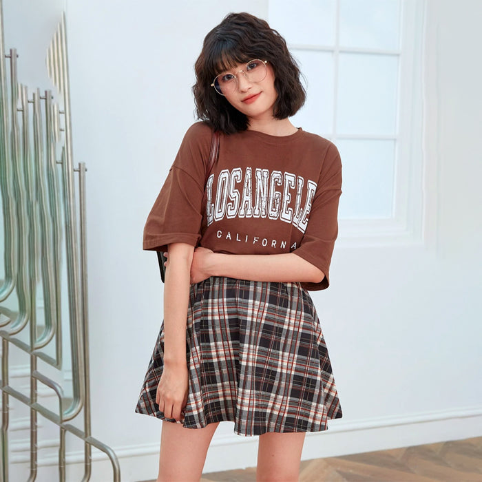 Plaid Elastic Waist Flare Easy Wear Skirt