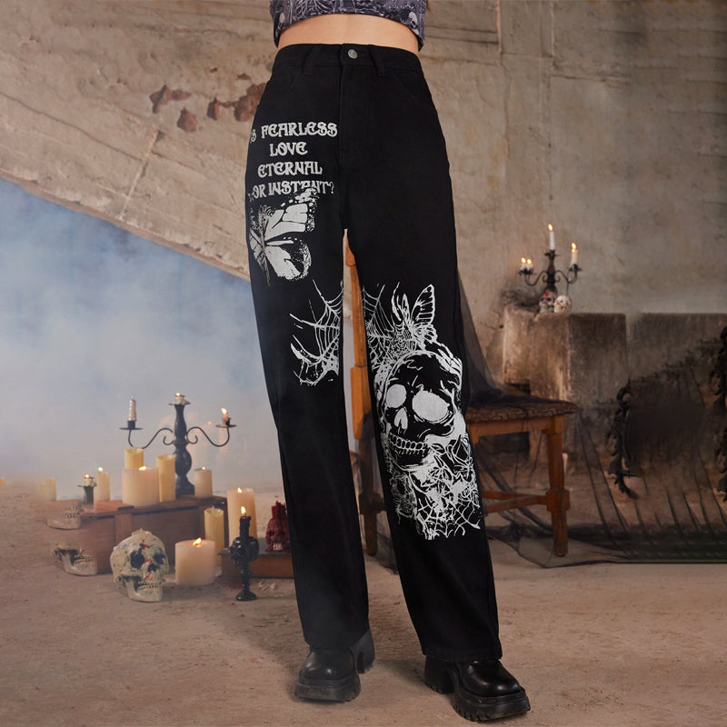 Skull & Butterfly Print Jeans