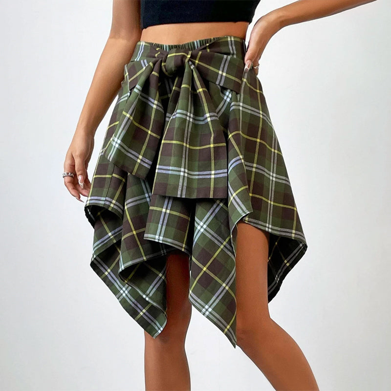 Plaid Print Knot Front Asymmetrical Hem Skirt
