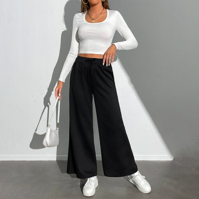 Drawstring Waist Wide Leg Plain Pants