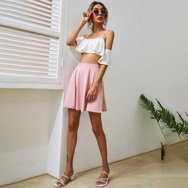 Casual Solid Flared Skirt