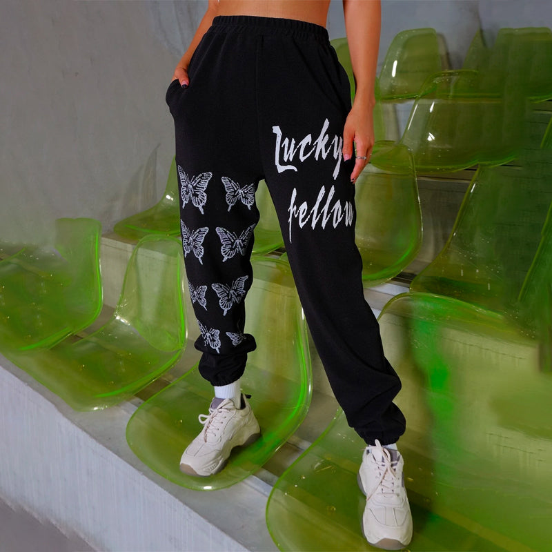 Slogan & Butterfly Graphic Sweatpants