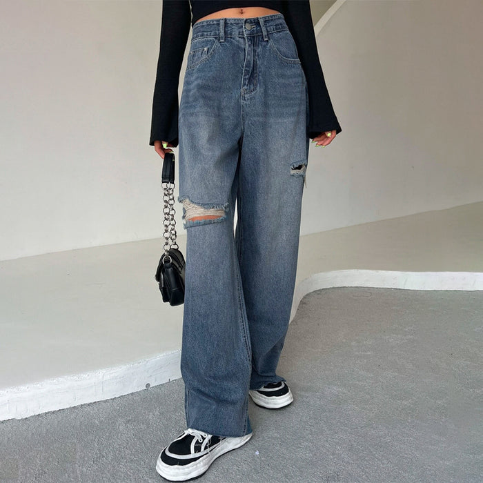 Ripped Raw Trim Wide Leg Jeans