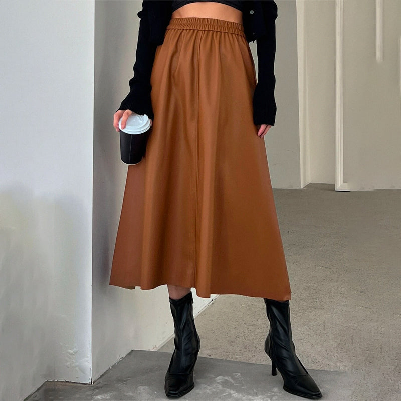Solid Elastic Waist PU Skirt