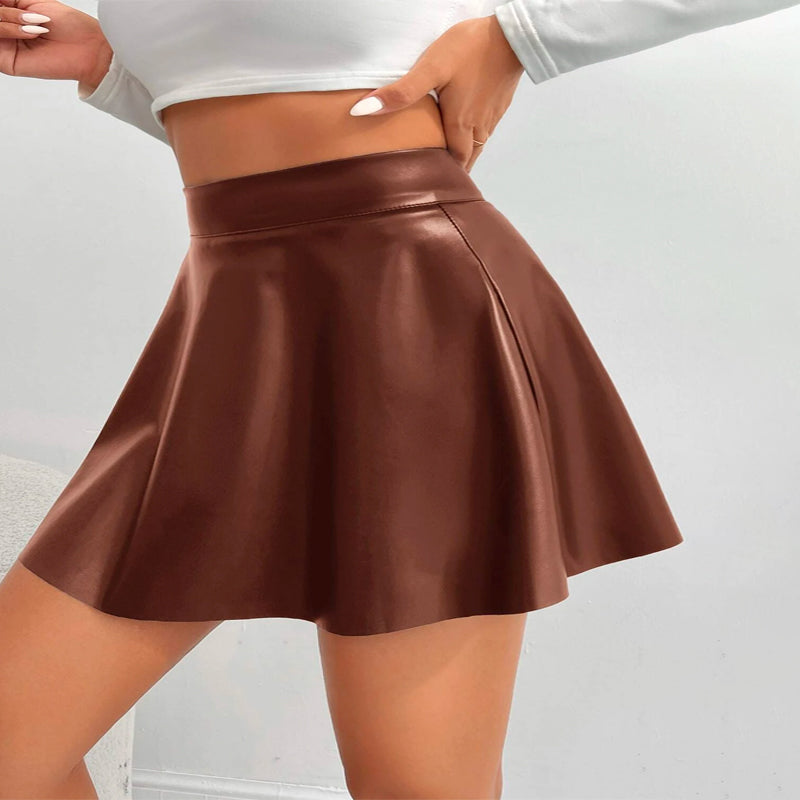 High Waist PU Leather Flare Skirt