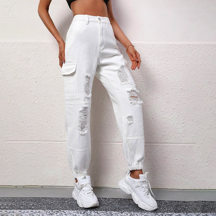 High Waist Plain Ripped Cargo Jeans