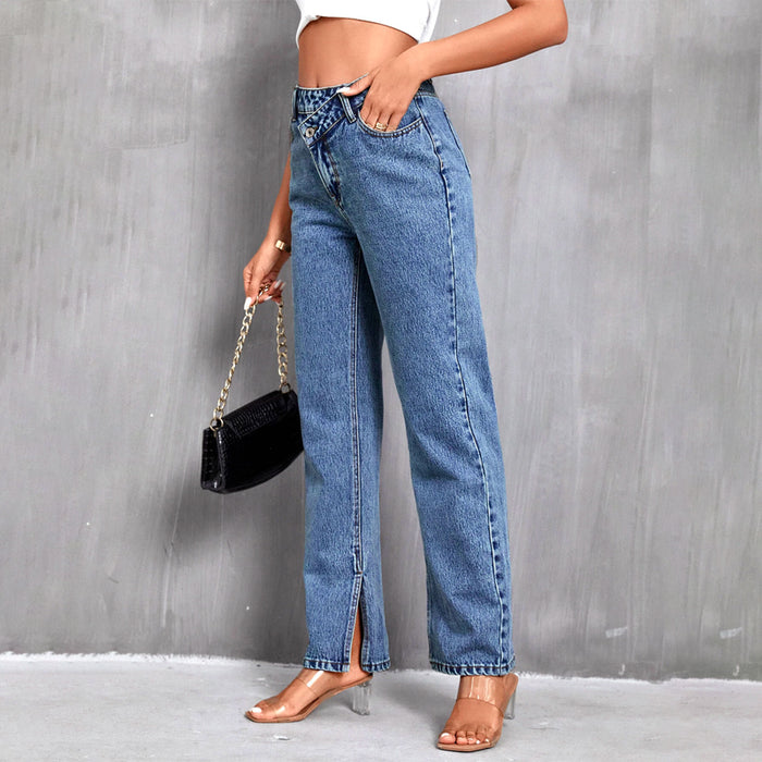 Asymmetrical Waist Straight Leg Denim Jeans